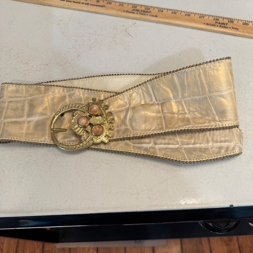 Leatherock Nina Arjani Belt Womens M Cream Croc Embossed Leather Gold Buckle